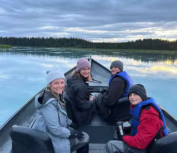 family group on kasilof river drift boat tour